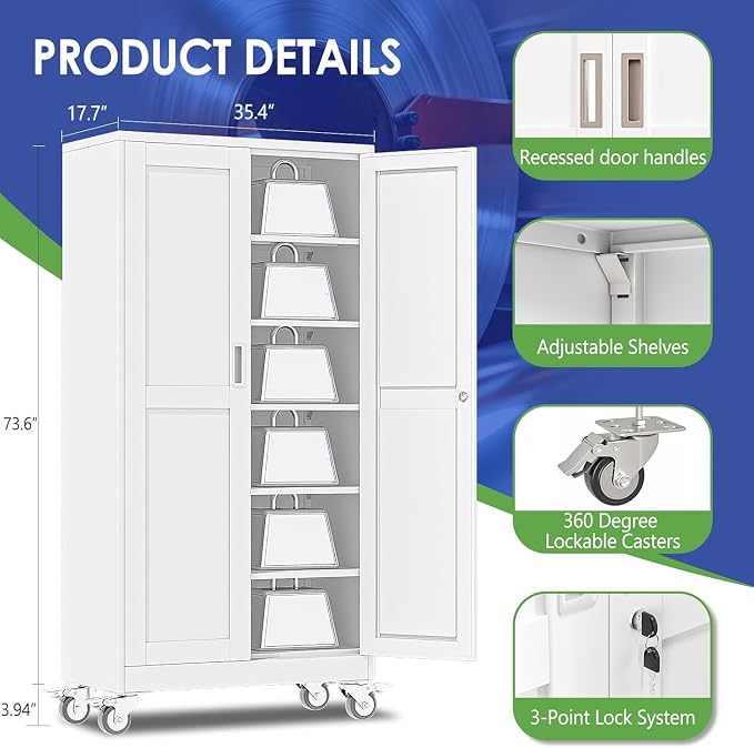 73.6" Metal Garage Storage Cabinet with Wheels and Locking Doors | Tall Rolling Steel Tool Cabinet with 5 Adjustable Shelves for Garage,Home Office(White, 73.6''H x 35.4''W x17.7''D)