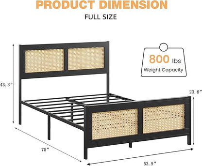 Garvee Rattan Bed Frame with Headboard, Bohe Platform Full Size Bed Frame with Strong Metal Slats Support, No Box Spring Needed, Noise-Free Design, Black