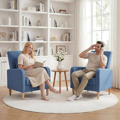 COLAMY Mid-Century Modern Accent Chairs Set of 2, Fabric Upholstered Living Room Chairs with Back Pillow & Solid Wood Legs, Comfy Armchair for Living Room, Bedroom, Single Sofa, Blue