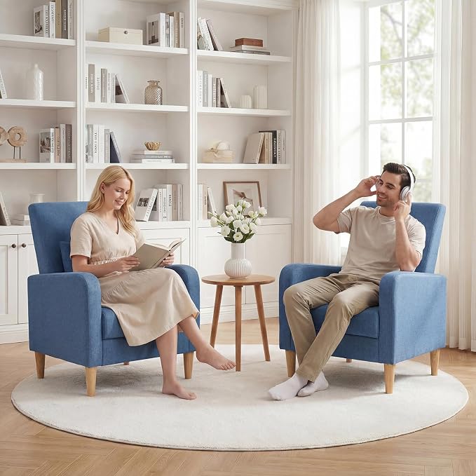 COLAMY Mid-Century Modern Accent Chair, Fabric Upholstered Living Room Chair with Back Pillow & Solid Wood Legs, Comfy Armchair for Living Room, Bedroom, Single Sofa, Blue