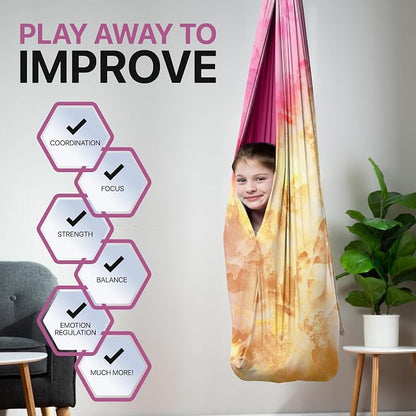 Indoor Sensory Swing for Kids or Outdoor – Holds 300lbs, Double-Layer, & 360° Swivel, Calming Compression Therapy Swing Hammock for Kids & Adults with All Hardware – Sensory-Motor Toys & Gifts