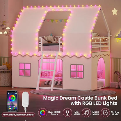 BTHFST Bunk Bed Twin Over Twin with Play Curtain, House Bunk Bed with LED Lights, Metal Kids Bunk Bed with Inclined Ladder and Guardrail, Space Saving, No Box Spring Needed, White