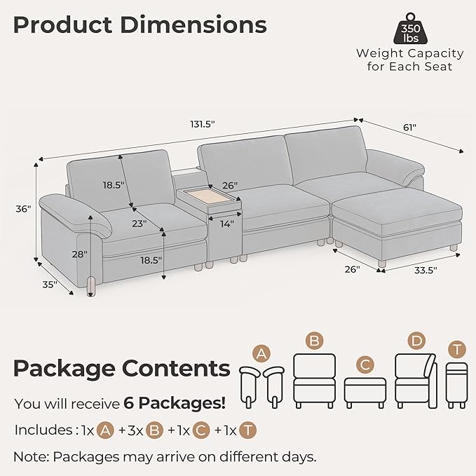 SITJOY Large Cloud Couch, 132" Wide 3 Seater Couch with Console, Navy Blue | Detachable and Washable Chenille Cover Sectional Sofas for Living Room, Deep Seat Wide Couch with Chaise, Storage Ottoman