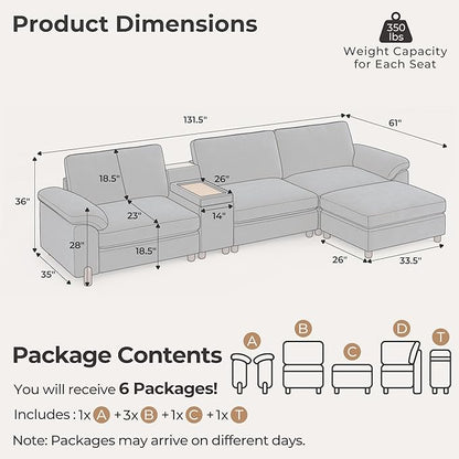SITJOY Large Cloud Couch, 132" Wide 3 Seater Couch with Console, Navy Blue | Detachable and Washable Chenille Cover Sectional Sofas for Living Room, Deep Seat Wide Couch with Chaise, Storage Ottoman