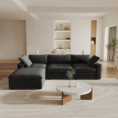 L Shaped Cloud Modular Sectional Sofa with Storage Ottoman for Living Room | Modular Setional Sofa, Covers Washable&Replaceable, Black