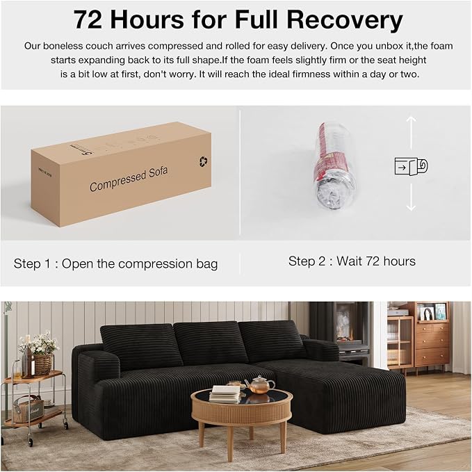 Novilla L-Shape Sectional Couches for Living Room with Smarts Coil® Support, 3 Seater Sectional Sofas for Living Room Bedroom, Corduroy Cloud Couch Sectional, No Assembly(Black, Right Hand Facing)
