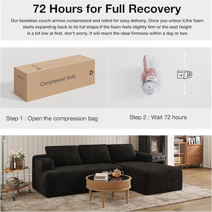 Novilla L-Shape Sectional Couches for Living Room with Smarts Coil® Support, 3 Seater Sectional Sofas for Living Room Bedroom, Corduroy Cloud Couch Sectional, No Assembly(Black, Right Hand Facing)