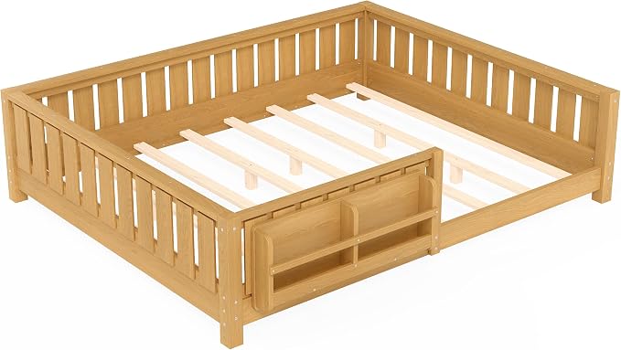 Bellemave Queen Size Floor Bed with Slats and Safety Guardrail, Queen Size Montessori Floor Bed with Fence and Built-in Bookshelf, Easy Assemble Montessori Beds for Girls, Boys, Deep Natural