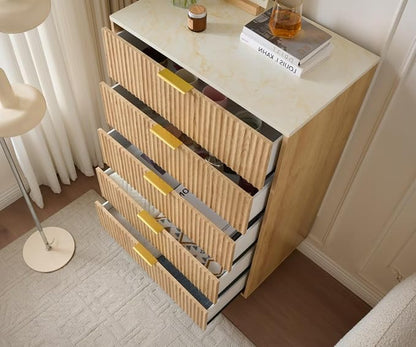 Fluted 5 Drawers Dresser for Bedroom with Faux Marble Top and Gold Handle, 48" Tall 30" Wide Wooden Chest of Drawers, Modern Closet Storage Organizer Dressers for Living Room, Hallway,Oak