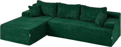 Hobestluk Modular Sectional Sofa Couches L-Shape Couch 3 Seat Modular Sofa Memory Foam Sectional Couches for Living Room, Cloud Couch with Oversized Chaise (Green Corduroy, 96", Left Hand Facing)