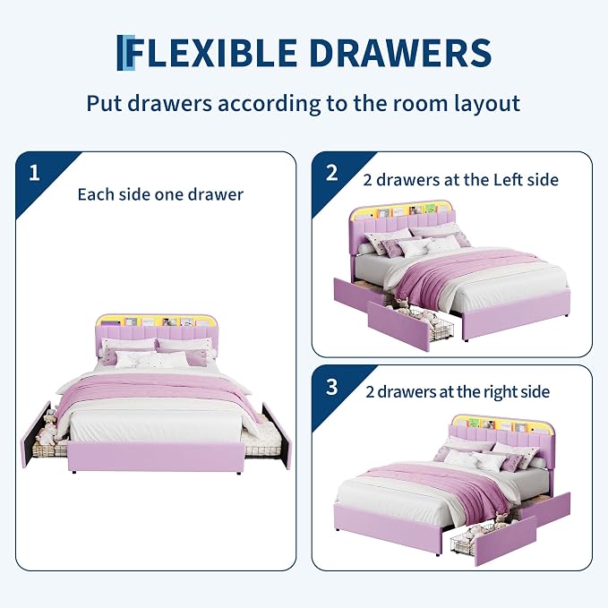 GarveeHome Full Bed Frame with Storage Headboard, Kids Bed Frame with 2 Drawers, Velvet Upholstered Platform Bed Frame with Lights, No Box Spring Needed, Easy Assembly, Velvet Purple