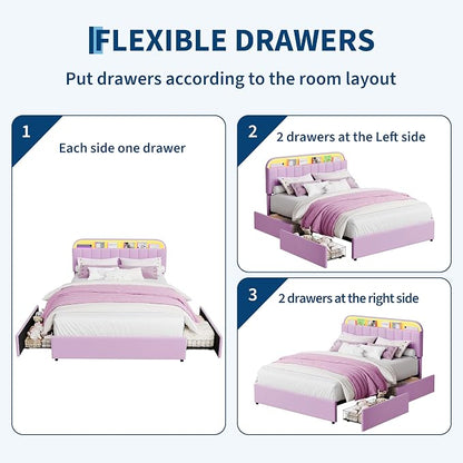 GarveeHome Full Bed Frame with Storage Headboard, Kids Bed Frame with 2 Drawers, Velvet Upholstered Platform Bed Frame with Lights, No Box Spring Needed, Easy Assembly, Velvet Purple