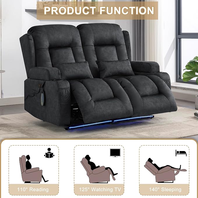 URRED Power Loveseat Recliner Sofa with Massage and Heat, Wall Hugger Reclining Loveseat, RV Couch Home Theater Seating with LED Lights for Living Room (Dark Grey, 54" - 2 Seats)