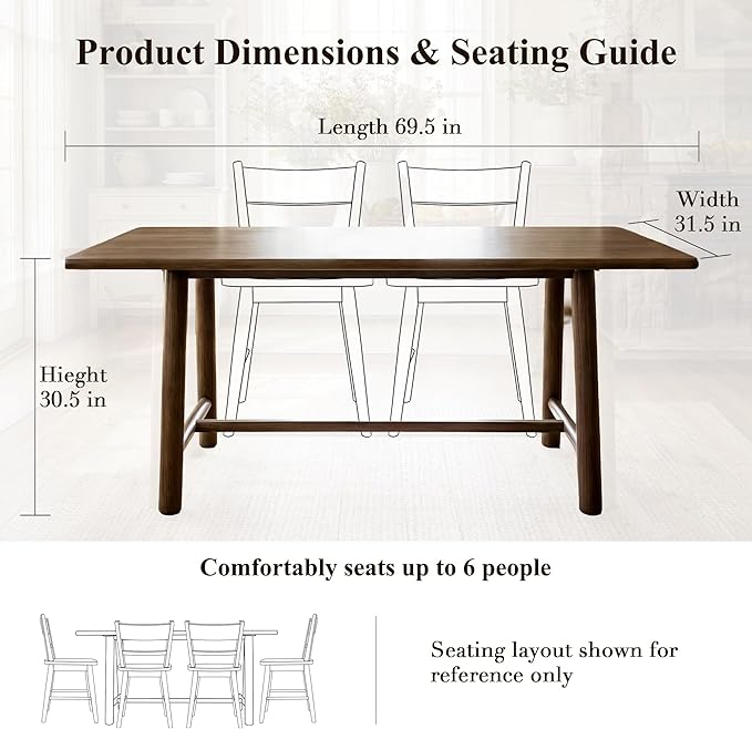 Ya-Home Walnut Dining Table, 69" Wood Kitchen Table with Solid Wood Legs, Seats 4-6, Modern Farmhouse Dinner Table for Dining Room Home Office
