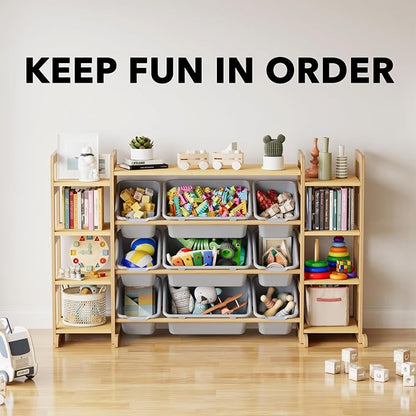 SpaceAid Large Toy Storage Organizer 9 Shelves 9 Bins, Toy Organizers Storage Bookshelf, Kids Bin Shelf Toys Box Bookcase for Bedroom Playroom Organization Room Decor, Neutral Gray