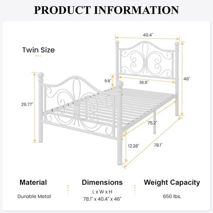 SHA CERLIN Twin Size Bed Frame for Kids,Metal Bed Frame with Butterfly Pattern Design Headboard & Footboard,No Box Spring Needed,Easy Assembly,White