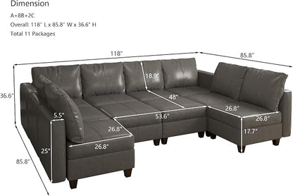 EASE MOOSE Modualr Sectional Couch U Shaped Sofa with Storage Ottomans, Gray Faux Leather Sectional Sofa Modular Couch