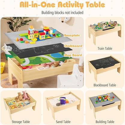 Costzon Train Table, 5 in 1 Kids Activity Wooden Set w/ 78 Pieces Railway Playset, Reversible Map Top, Blackboard, Building Bricks Station & Large Storage Space, Toddler Sensory Table for 18 M+