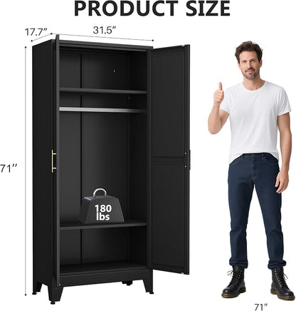 Metal Armoire Wardrobe Closet Storage Cabinet with 2 Doors Black, 71'' Wardrobe Cabinet with Hanging Rod Metal Closet with 2 Adjustable Shelves for Bedroom, Laundry Room, Cloak Room