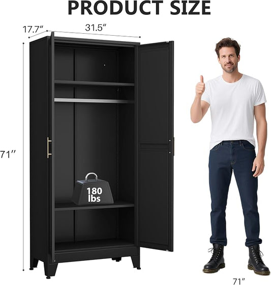 Metal Armoire Wardrobe Closet Storage Cabinet with 2 Doors Black, 71'' Wardrobe Cabinet with Hanging Rod Metal Closet with 2 Adjustable Shelves for Bedroom, Laundry Room, Cloak Room