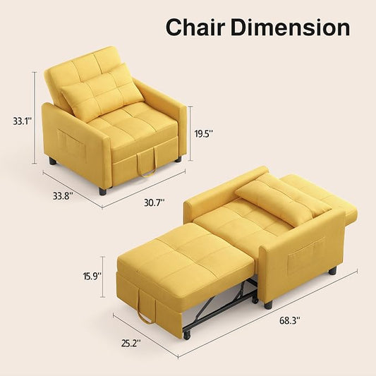 Ahomly Convertible Sleeper Chair Sofa Bed with 3-in-1 Design, Adjustable Backrest, and Storage Pocket for Living Room, Yellow