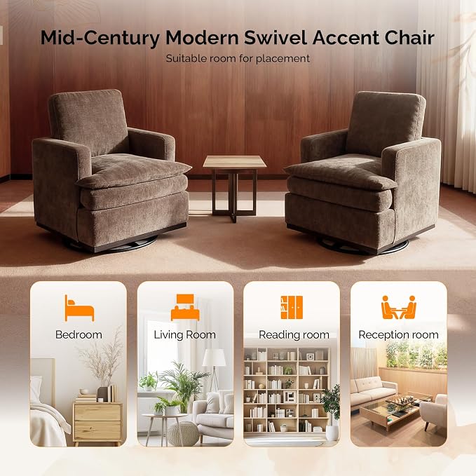 VINGLI 360° Swivel Accent Chair with Double-Layer Seat Cushions, Modern Swivel Armchair, Upholstered Square Club Chair for Living Room, Bedroom, Reading Room, Chenille Khaki