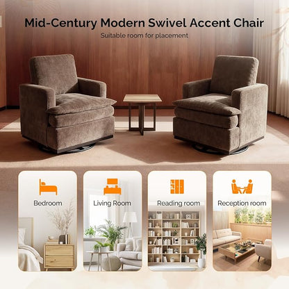 VINGLI 360° Swivel Accent Chairs Set of 2 with Double-Layer Seat Cushions, Comfy Single Square Sofa Armchairs, Upholstered Club Chairs for Living Room,Bedroom, Reading Room, Chenille Khaki
