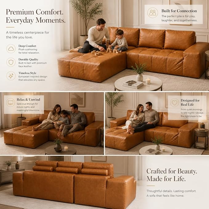 114” Boneless Sectional Couches for Living Room, Brown Cloud Faux Leather Couch in a Box, Modular Sectional Sofas for Living Room, L Shaped Couch with Chaise, Memory Foam Deep Seat, Left Chaise