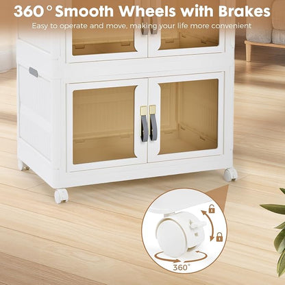 YHB Portable Storage Closet Cabinet, Easy Assembly Wardrobe Organizer with Visualization Doors, Drawers, Hanging Rods, Rolling Wheels for Pet Dog Clothes, Toys