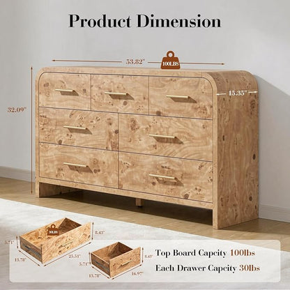 Curved 7 Drawer Dresser for Bedroom, 53.82'' Wide Chest of Drawers, Modern Storage Cabinet for Hallway & Living Room TV Stand, FSC Certified 1.18" Thick Board, 100 lbs Top Weight, Light Burl