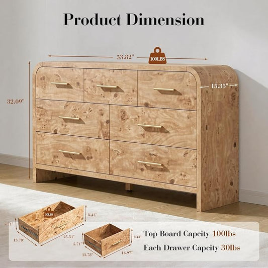 Curved 7 Drawer Dresser for Bedroom, 53.82'' Wide Chest of Drawers, Modern Storage Cabinet for Hallway & Living Room TV Stand, FSC Certified 1.18" Thick Board, 100 lbs Top Weight, Light Burl