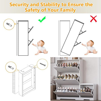 BORNOON Slim Shoe Cabinet with Bench for Entryway, Hidden Storage and Adjustable Shelves, Free Standing Wooden Shoes Organizer for Foyer, Hallway