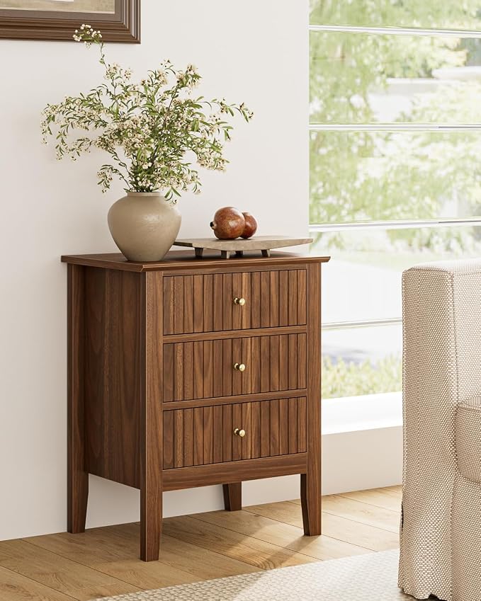 Nightstand Vintage, Fluted Night Stand Tall Farmhouse Beside Table with 3 Drawers, Mid Century Modern Side Accent Table,Bedside End Table for Bedroom, Walnut