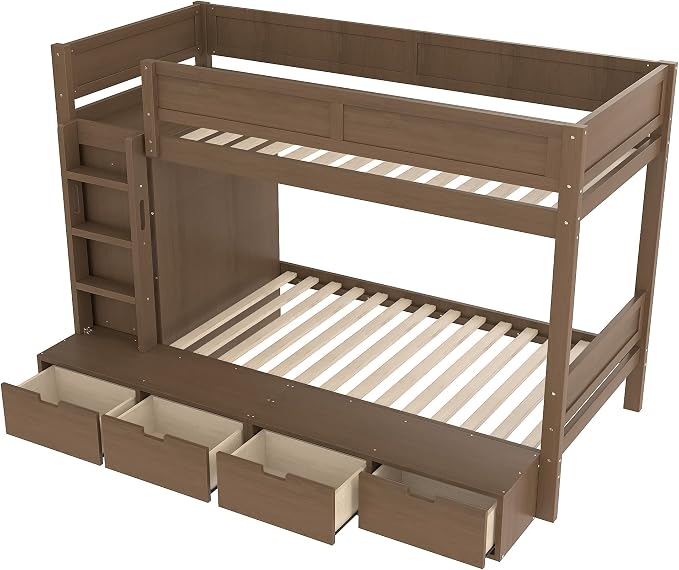 Bellemave Twin Over Twin Bunk Bed with Storage Drawers,Solid Wood Bunk Bed with Built-in Wardrobe,Storage Shelf and Safety Guardrails for Kids Girls Boys,Brown