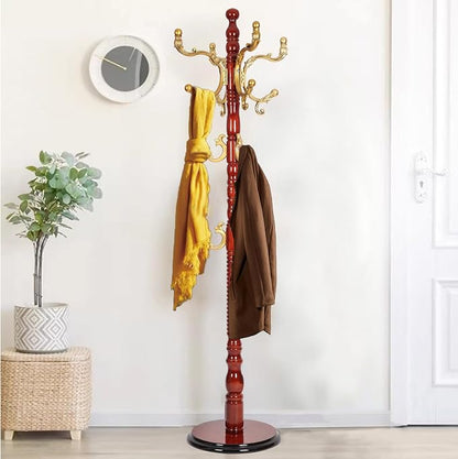 Wooden Coat Rack Freestanding, Hall Tree Hanger With Resin Hooks, Adjustable Heavy Duty Coat Rack for Hanging Clothes Bags Hats in Living Room Bedroom (coat rack, Round Base-Begonia Color)