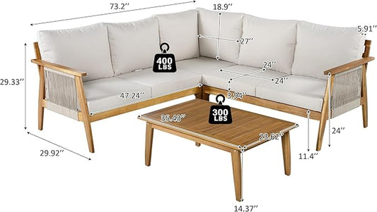 Merax Outdoor 4-Piece Acacia Wood & Rope Sectional Patio Corner Set, L-Shaped Sofa with Coffee Table, Handmade Woven Garden Furniture for Poolside & Deck