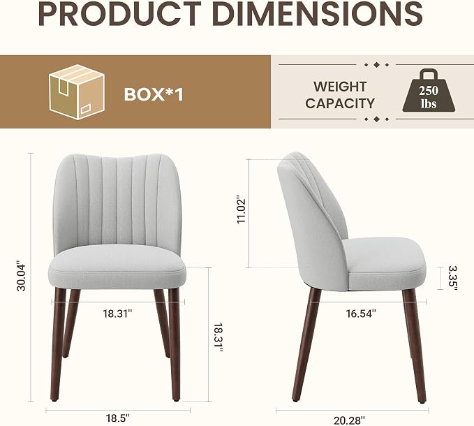 Upholstered Dining Chairs Set of 2, Modern Fabric Dining Chairs with Curved Backrest & Solid Rubber Wood Legs, Padded Kitchen Dining Room Chairs for Restaurant Cafe, Light Grey