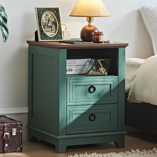Joaxswe 18" Farmhouse Night Stand with Charging Station, 2 Drawers Bedside End Table, Green Wooden Nightstand, Bed Side Table Cabinet with Open Shelf for Bedroom Living Room Office
