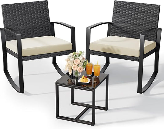 Qsun 3 Pieces Porch Furniture Set Patio Rocking Bistro Set Outdoor Patio Chairs Rattan Conversation Sets with Coffee Table for Front Porch Garden Balcony Backyard Poolside (Beige Cushion)