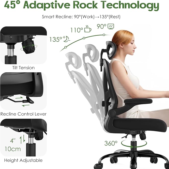 Office Chair Ergonomic Desk Chair - Mesh High Back Office Chair with Headrests Wheels Lumbar Support Home Desk Office Chairs Flip up Armrest Executive Rolling Computer Chair Black 4 Pack