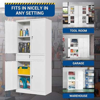 Fesbos 71" Metal Cabinet-White Heavy Duty Storage File Cabinet Steel Tool Cabinets with Shelves, Lockable Doors and Drawers- for Garage, Pantry, Warehouse - Assembly Required
