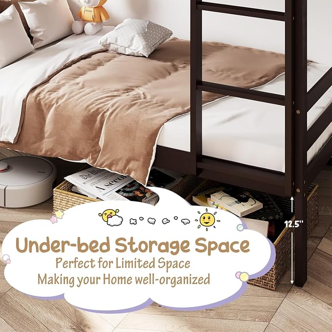 NAFORT Bunk Bed Twin Over Twin, Solid Wood Bunk Bed with Ladder and Safety Rails, Wooden Bed Framefor Kids Teens or Guests, Space-Saving Furniture for Bedroom Dorm, Espresso