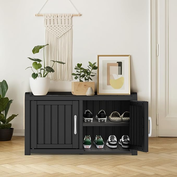 DRATO Indoor Outdoor Shoe Storage Cabinet, Waterproof Shoe Cabinet with Adjustable Shelves, Multifunctional Resin Storage Bench for Entryway, Foyer, Hallway (Black, Duble Doors)
