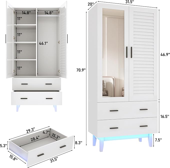 jiteentarou 2 Door Armoire Wardrobe Closet Cabinet with Drawers and LED Lights, Multi-Tier Shelves, Hanging Rod & 2 Louver Doors, Large Capacity Storage Wardrobe Armoire for Bedroom(2 Doors White)