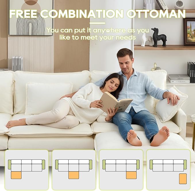 113" Chenille Modular Sectional Sofa, Convertible L Shaped Modular Sofa Comfy Cloud Couch with Ottoman, Side Pockets and 5 Throw Pillows for Living Room (Beige, 113'' - 4 Seat)