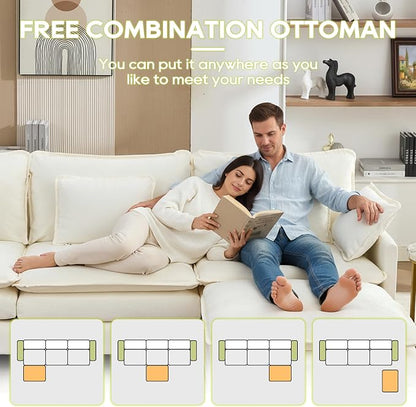 113" Chenille Modular Sectional Sofa, Convertible L Shaped Modular Sofa Comfy Cloud Couch with Ottoman, Side Pockets and 5 Throw Pillows for Living Room (Beige, 113'' - 4 Seat)