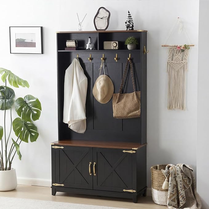 EROMMY 38" Farmhouse Hall Tree with Bench and Shoe Storage, Entryway Bench with Coat Rack, 2 Open Compartments, 7 Coat Hooks, Barn Door & Adjustable Shelf, Rustic Black and Brown