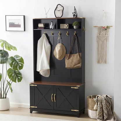 EROMMY 38" Farmhouse Hall Tree with Bench and Shoe Storage, Entryway Bench with Coat Rack, 2 Open Compartments, 7 Coat Hooks, Barn Door & Adjustable Shelf, Rustic Black and Brown