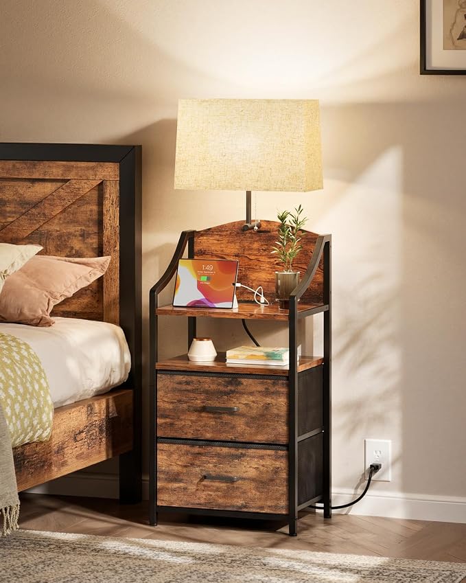 Evermagin 45" Tall Nightstand with Charging Station & Light, Night Stand with 2 Fabric Drawer & Storage Shelf, Bedside Table End Table with USB Ports and Outlets for Bedroom, Dorm, Rustic Brown