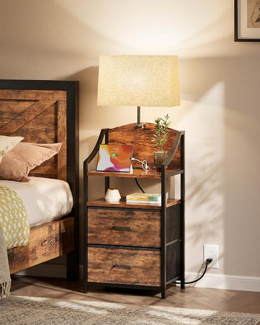 Evermagin 45" Tall Nightstand with Charging Station & Light, Night Stand with 2 Fabric Drawer & Storage Shelf, Bedside Table End Table with USB Ports and Outlets for Bedroom, Dorm, Rustic Brown